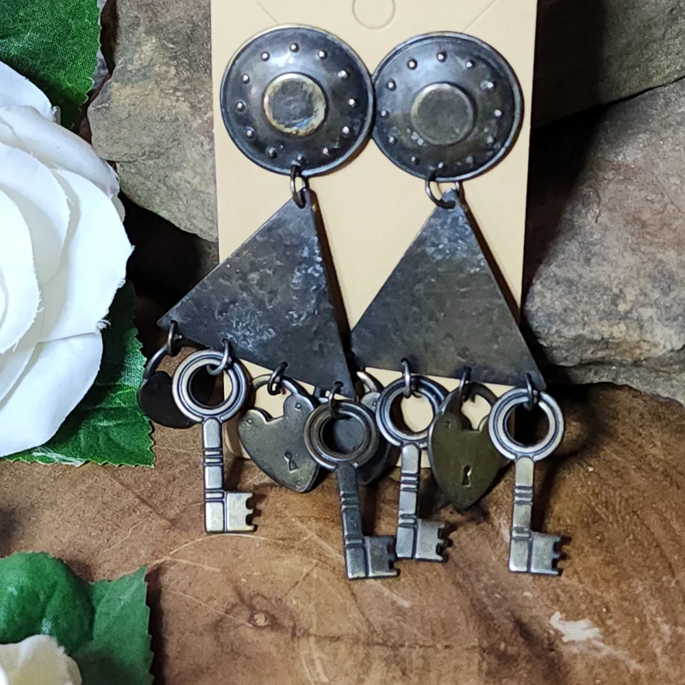 Antique Rustic Boho Silver Toned Metal Dangle Earrings with Keys and Hearts